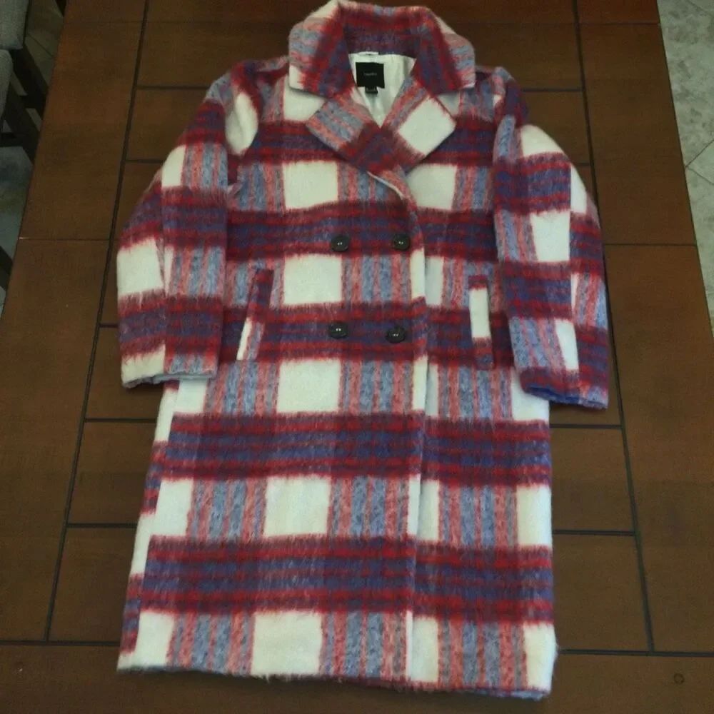 NWT wool blend brushed plaid double-breasted midi wool coat small